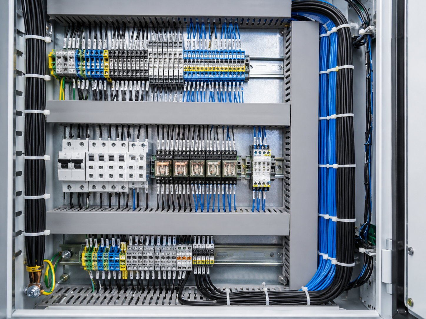Control cabinet with organised cable bundles and cable ties