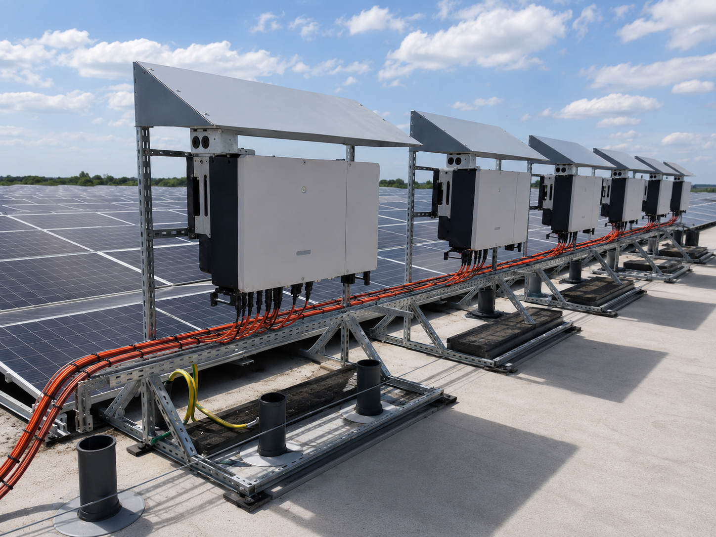 PV Shelter on flat roof with cable tray and bundled cables